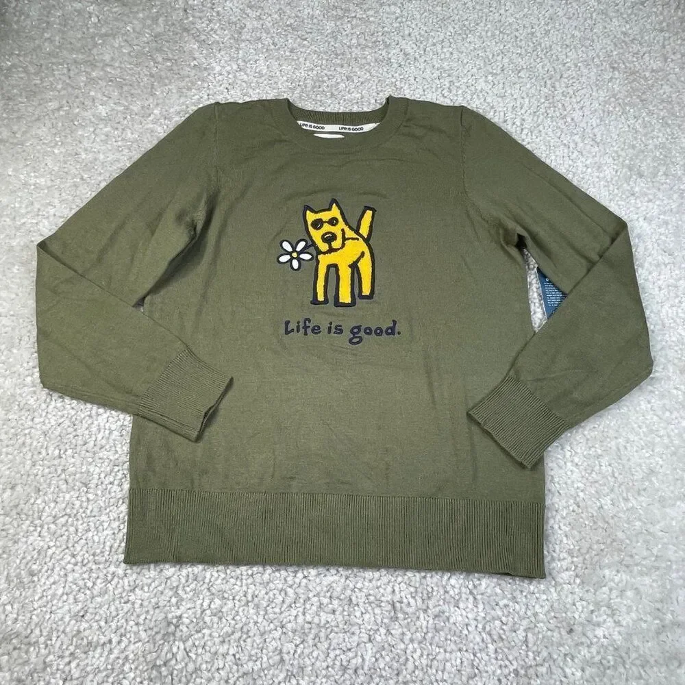 Life Is Good Green Crewneck Sweater Yellow Dog Daisy Womens Small